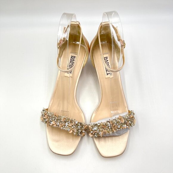Badgley Mischka Size 7 Teasha Soft Nude Satin Jeweled Wedges Dress Sandals Shoes - Picture 3 of 15